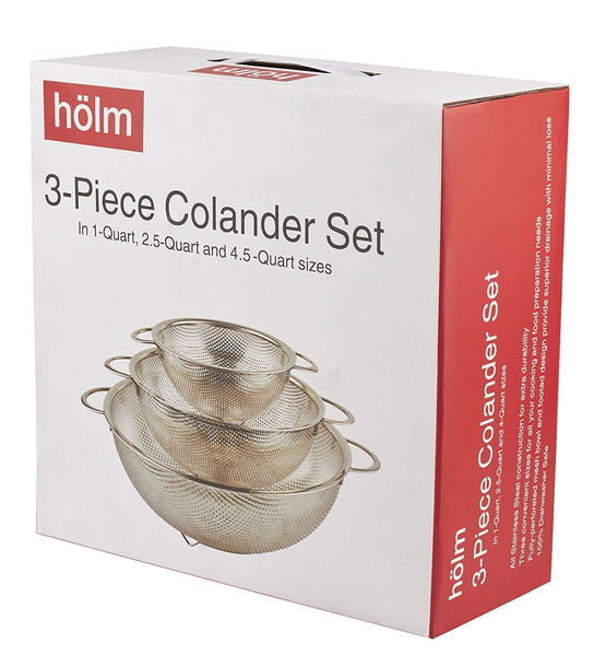 HÖLM 3-Piece Stainless Steel Mesh Micro-Perforated Colander Set (1-Quart, 2.5-Quart and 4.5-Quart)