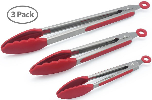 The hölm set of 3 Heavy Duty, Non-stick, Stainless Steel Kitchen Tongs Red (7, 9, 12 Inch)